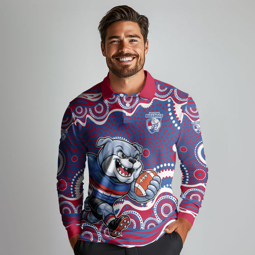 Western Bulldogs Long Sleeve Polo Shirt Aboriginal Dot Pattern - Football Mascot Heritage Pride