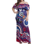 Western Bulldogs Off Shoulder Maxi Dress Aboriginal Dot Pattern - Football Mascot Heritage Pride