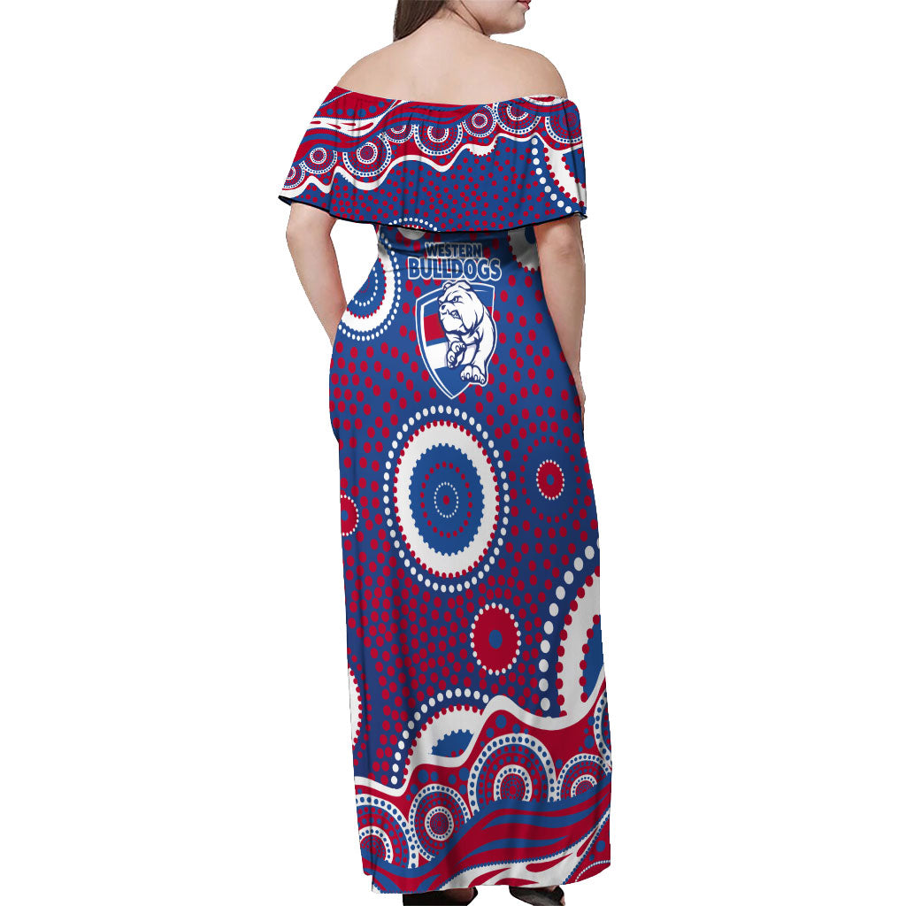 Western Bulldogs Off Shoulder Maxi Dress Aboriginal Dot Pattern - Football Mascot Heritage Pride