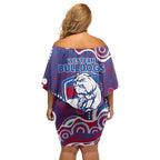 Western Bulldogs Off Shoulder Short Dress Aboriginal Dot Pattern - Football Mascot Heritage Pride