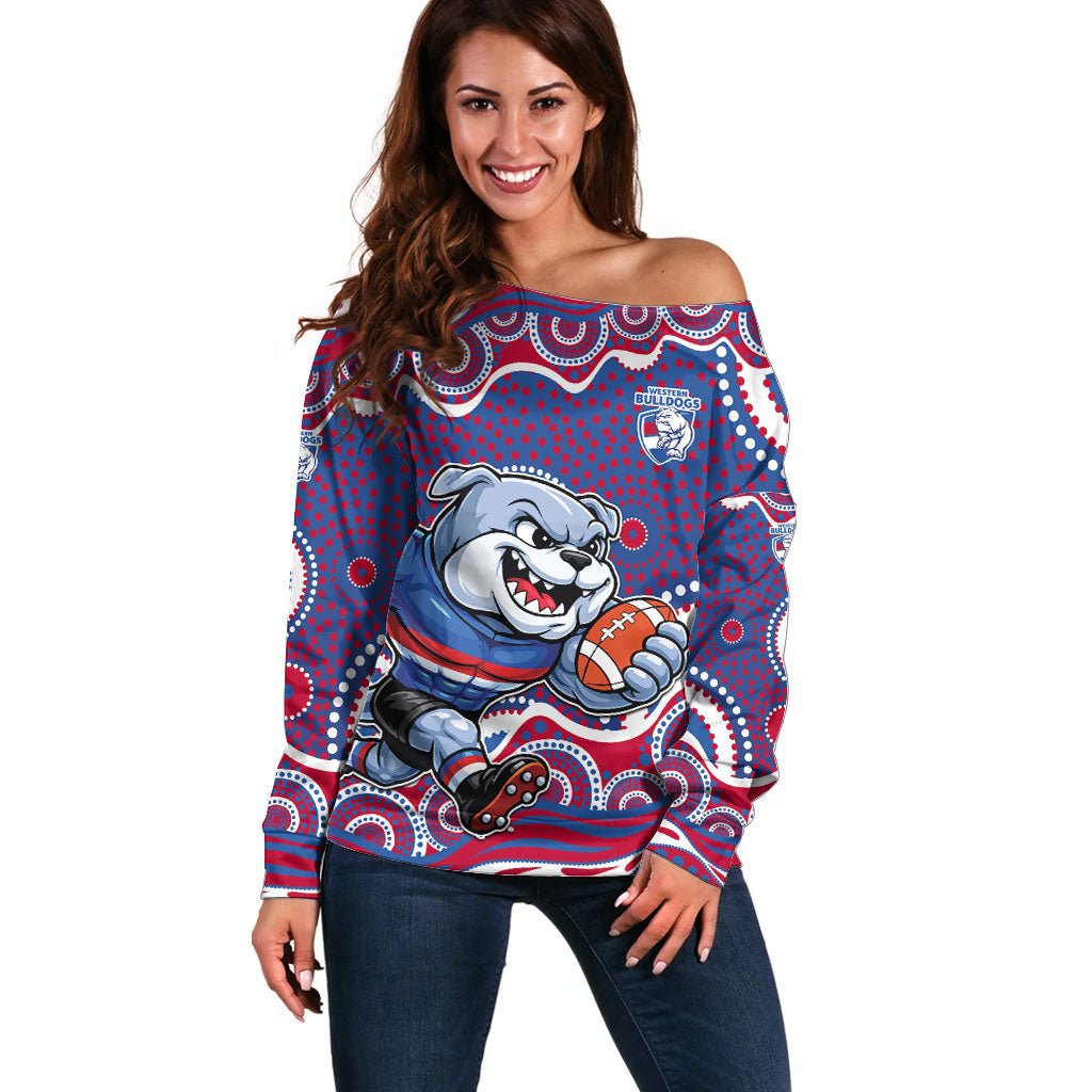 Western Bulldogs Off Shoulder Sweater Aboriginal Dot Pattern - Football Mascot Heritage Pride