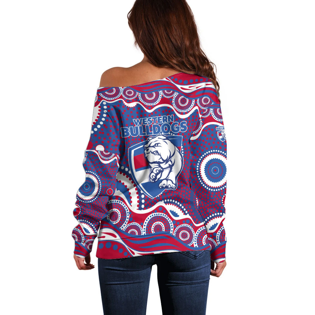 Western Bulldogs Off Shoulder Sweater Aboriginal Dot Pattern - Football Mascot Heritage Pride