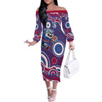 Western Bulldogs Off The Shoulder Long Sleeve Dress Aboriginal Dot Pattern - Football Mascot Heritage Pride