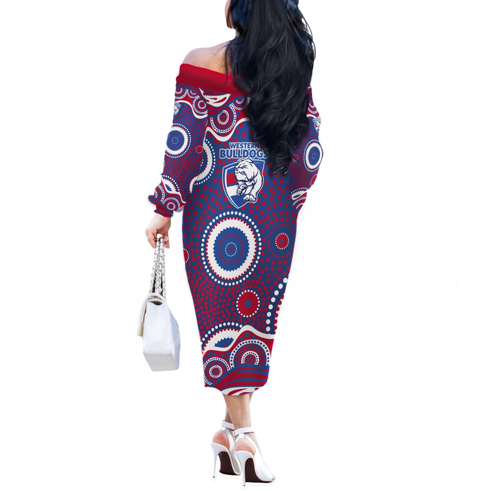 Western Bulldogs Off The Shoulder Long Sleeve Dress Aboriginal Dot Pattern - Football Mascot Heritage Pride