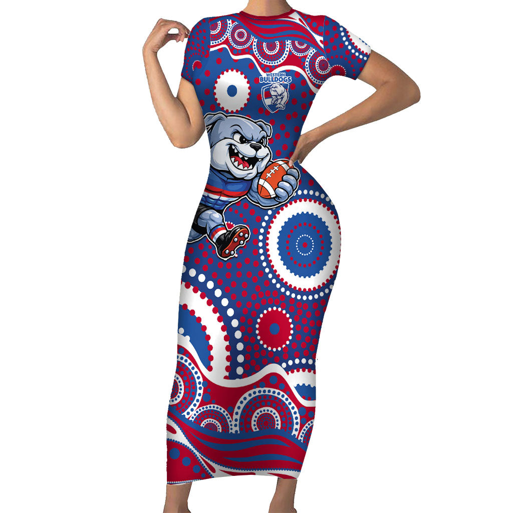 Western Bulldogs Short Sleeve Bodycon Dress Aboriginal Dot Pattern - Football Mascot Heritage Pride
