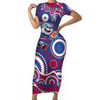 Western Bulldogs Short Sleeve Bodycon Dress Aboriginal Dot Pattern - Football Mascot Heritage Pride