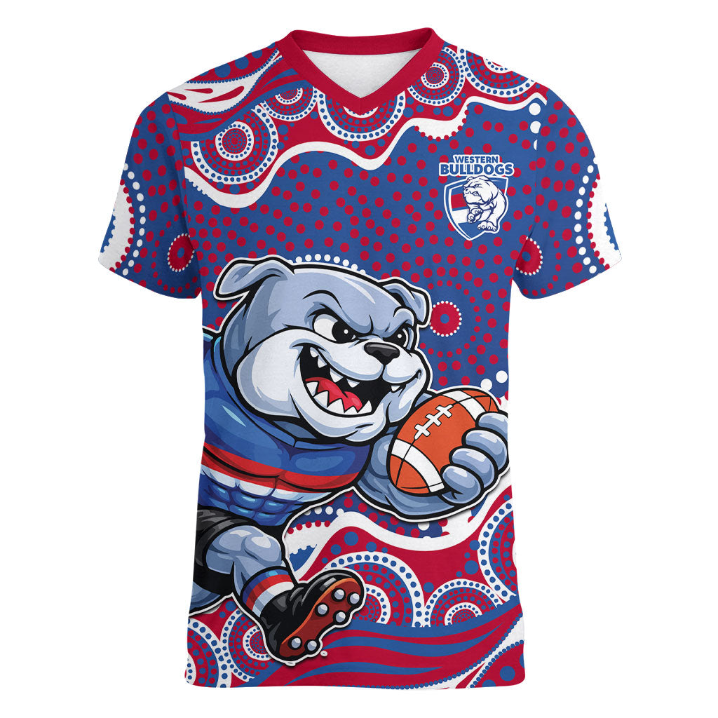 Western Bulldogs Women V-Neck T-Shirt Aboriginal Dot Pattern - Football Mascot Heritage Pride