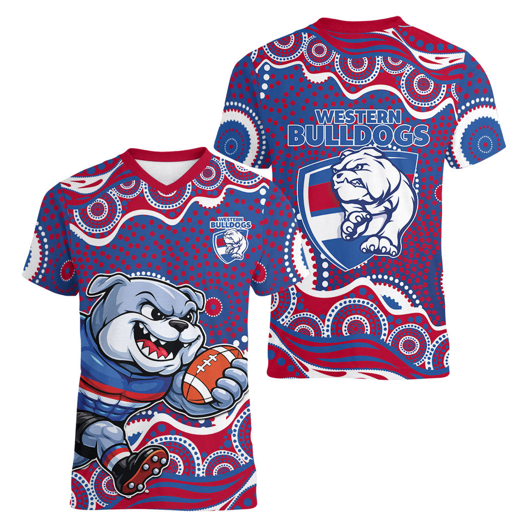Western Bulldogs Women V-Neck T-Shirt Aboriginal Dot Pattern - Football Mascot Heritage Pride