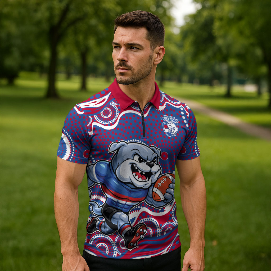 Western Bulldogs Zipper Polo Shirt Aboriginal Dot Pattern - Football Mascot Heritage Pride