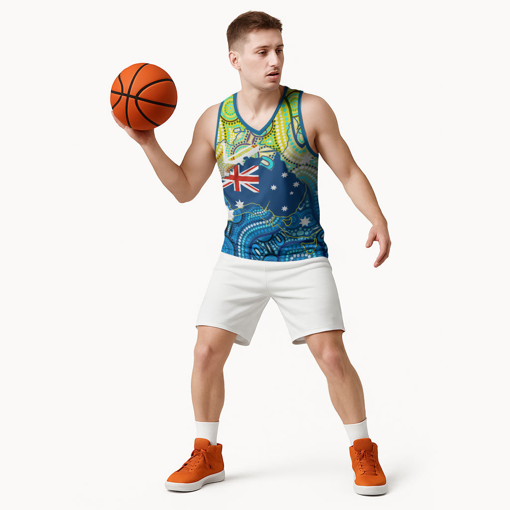 Australia National Swimming Team Basketball Jersey Aboriginal Dot Art Ocean Wave Pattern