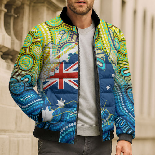 Australia National Swimming Team Bomber Puffer Jacket Aboriginal Dot Art Ocean Wave Pattern