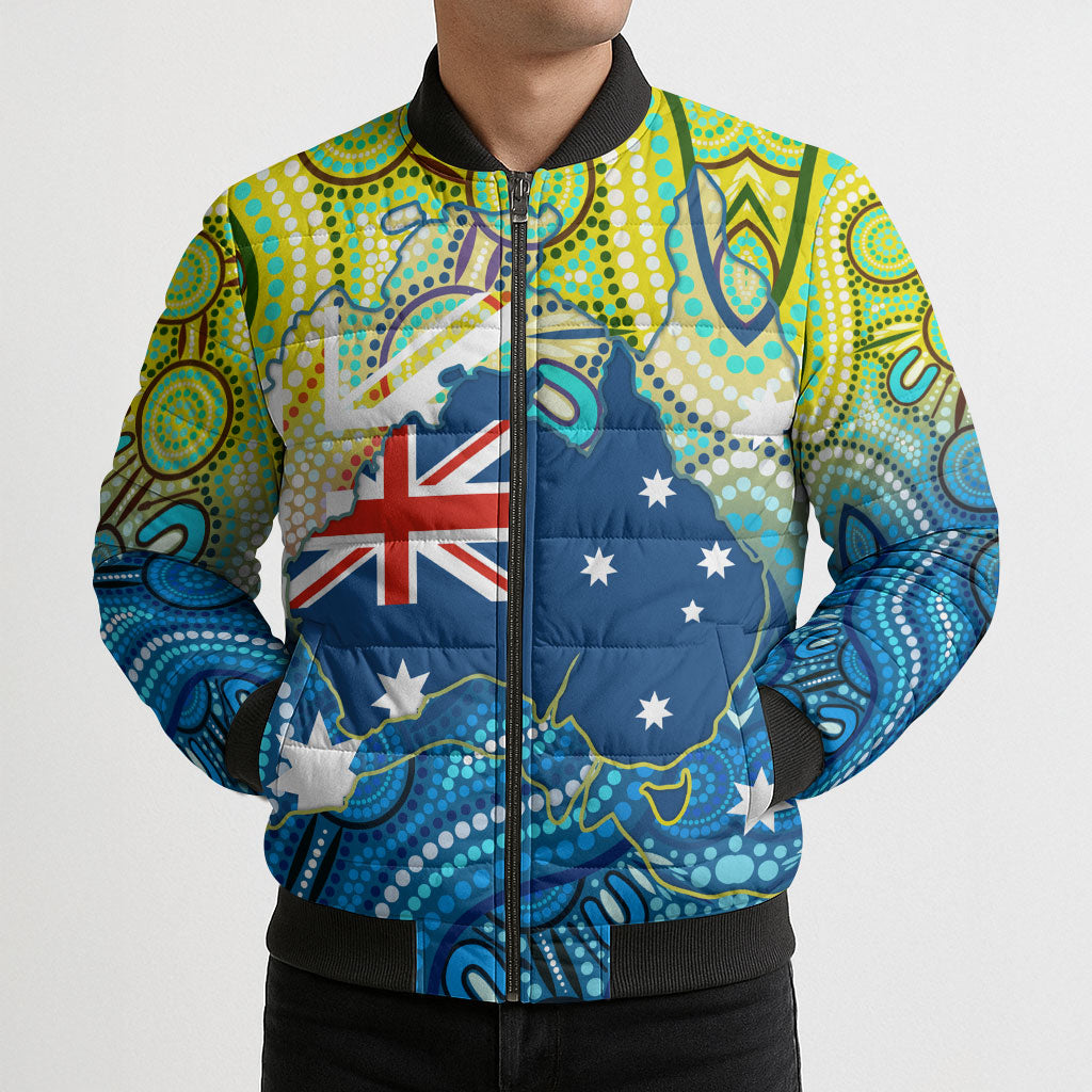 Australia National Swimming Team Bomber Puffer Jacket Aboriginal Dot Art Ocean Wave Pattern