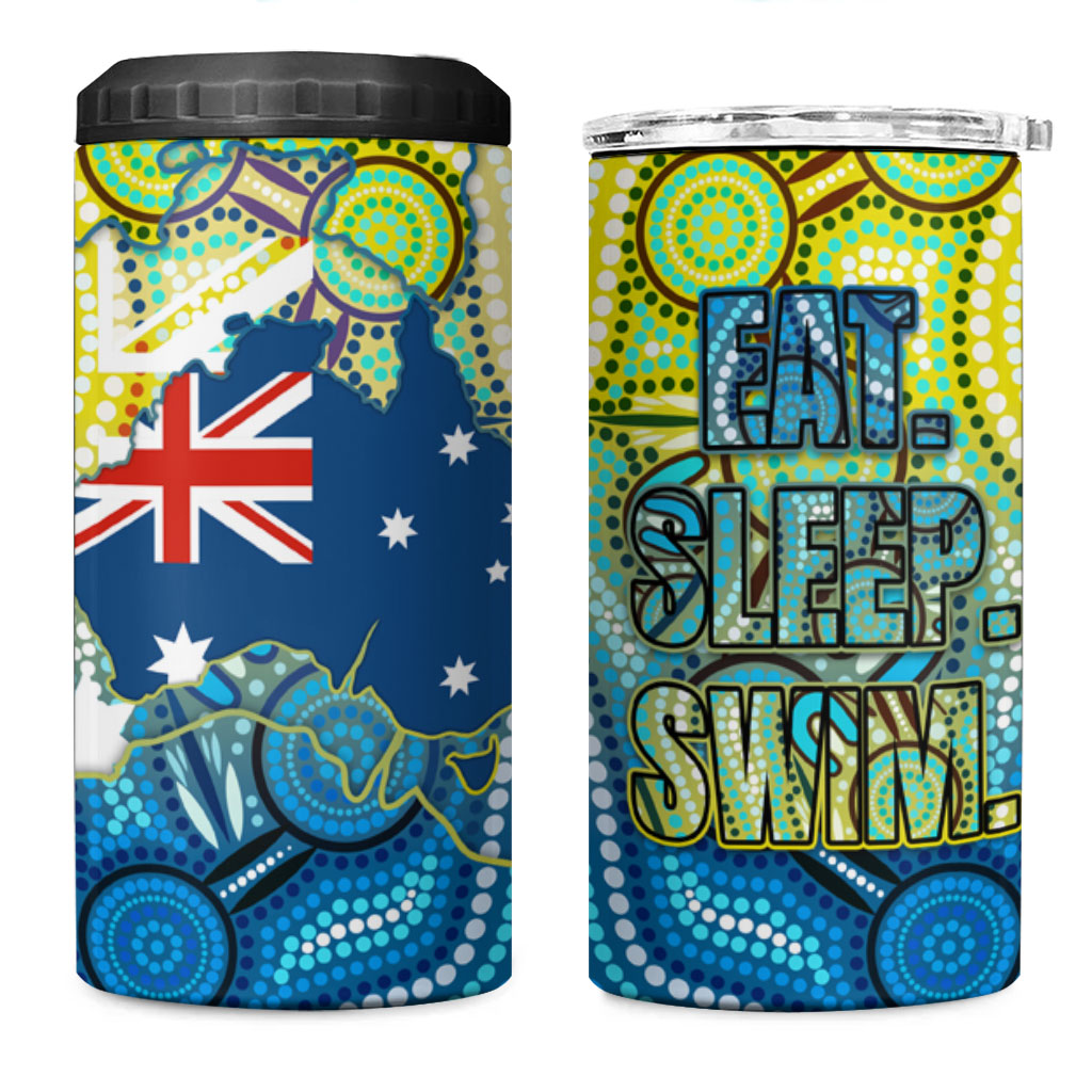 Australia National Swimming Team 4 in 1 Can Cooler Tumbler Aboriginal Dot Art Ocean Wave Pattern
