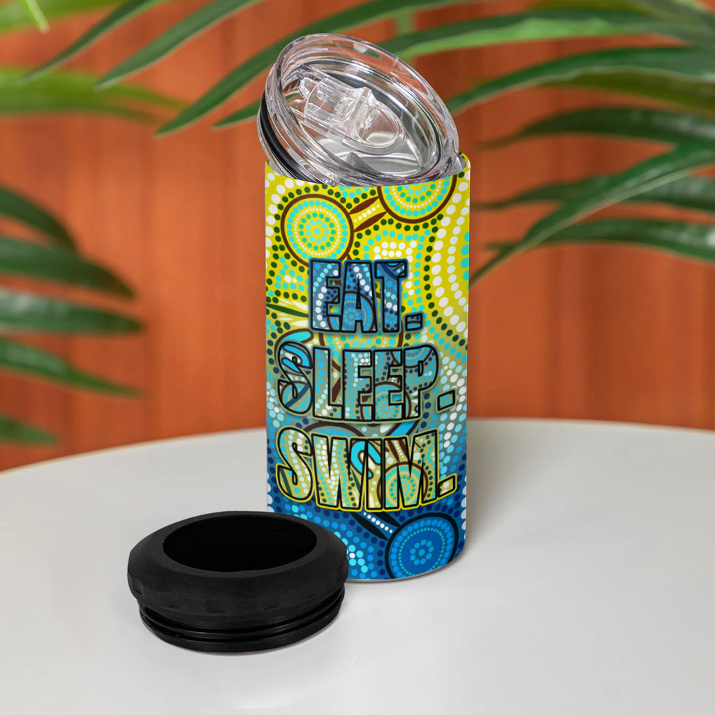 Australia National Swimming Team 4 in 1 Can Cooler Tumbler Aboriginal Dot Art Ocean Wave Pattern