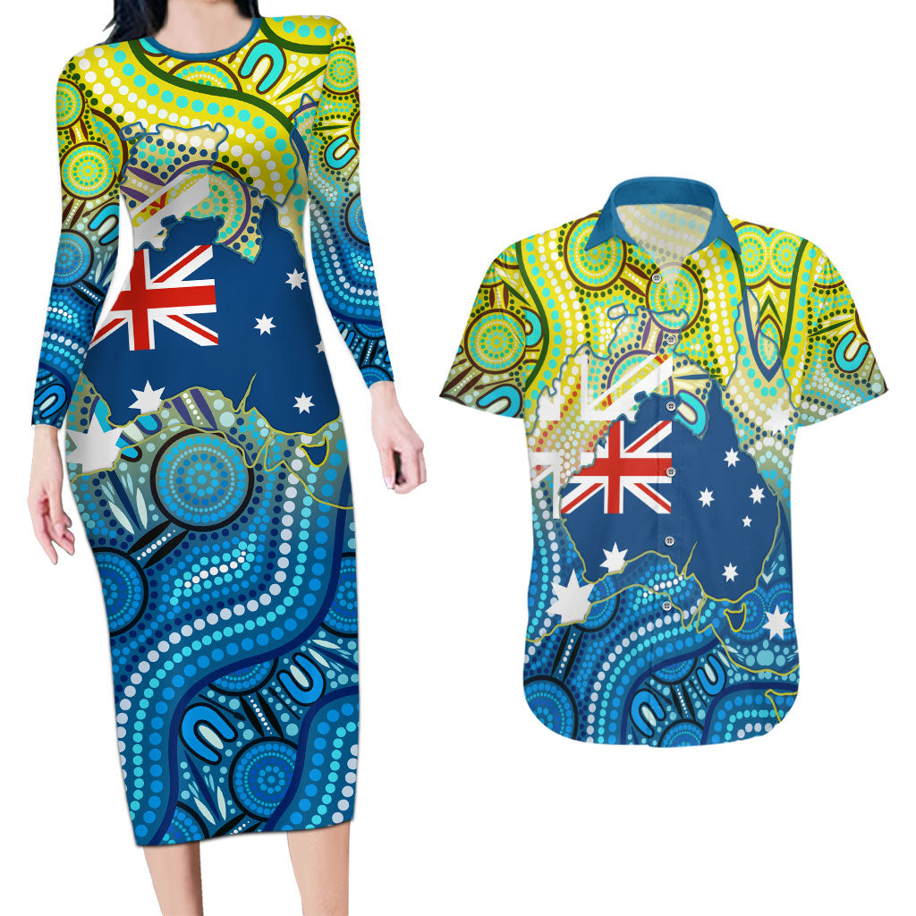 Australia National Swimming Team Couples Matching Long Sleeve Bodycon Dress and Hawaiian Shirt Aboriginal Dot Art Ocean Wave Pattern