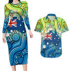 Australia National Swimming Team Couples Matching Long Sleeve Bodycon Dress and Hawaiian Shirt Aboriginal Dot Art Ocean Wave Pattern
