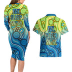Australia National Swimming Team Couples Matching Long Sleeve Bodycon Dress and Hawaiian Shirt Aboriginal Dot Art Ocean Wave Pattern