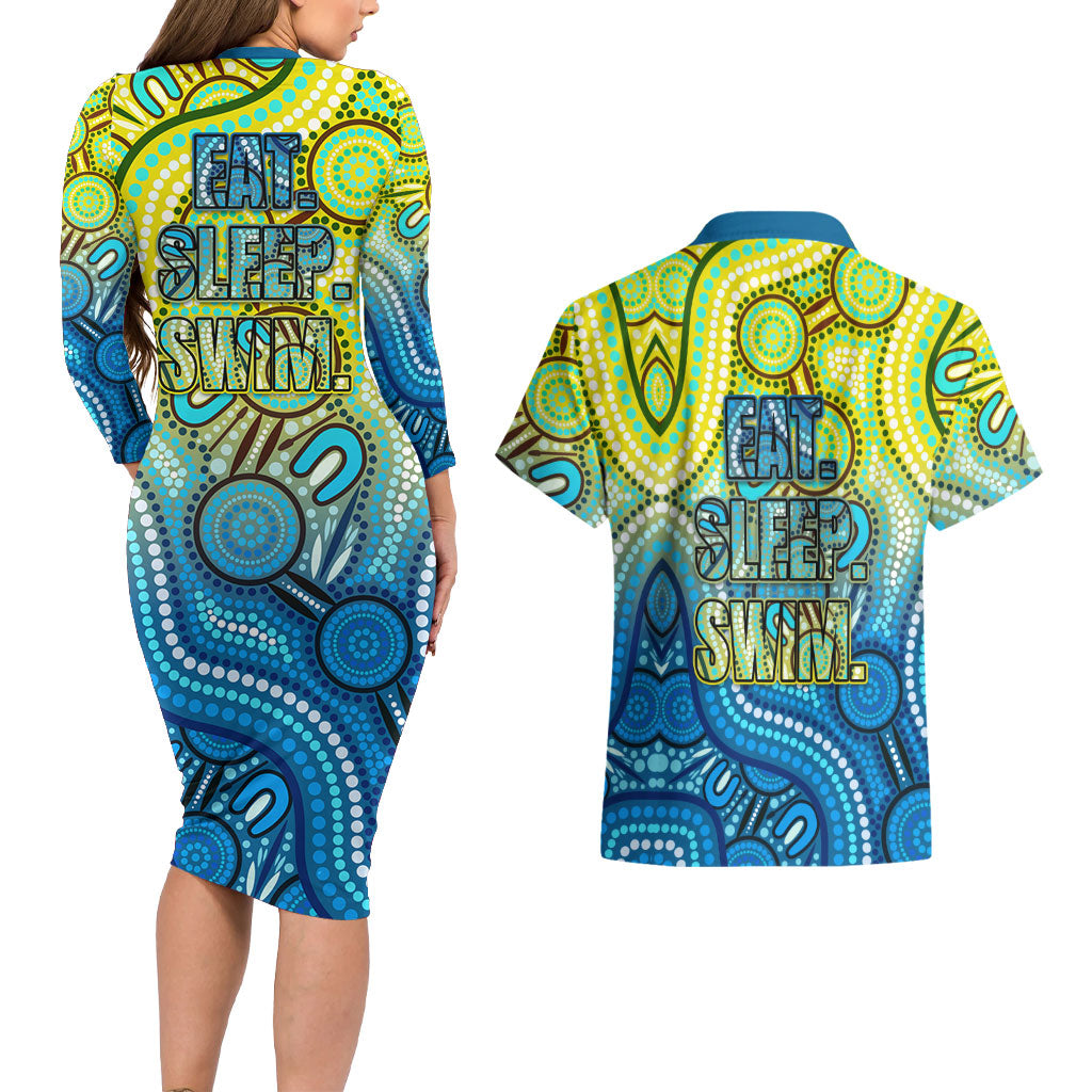 Australia National Swimming Team Couples Matching Long Sleeve Bodycon Dress and Hawaiian Shirt Aboriginal Dot Art Ocean Wave Pattern
