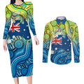 Australia National Swimming Team Couples Matching Long Sleeve Bodycon Dress and Long Sleeve Button Shirt Aboriginal Dot Art Ocean Wave Pattern