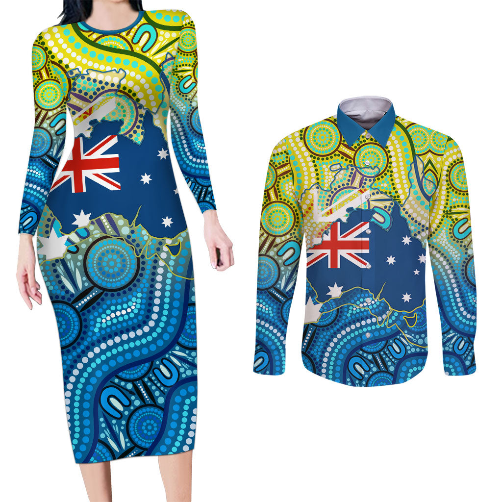 Australia National Swimming Team Couples Matching Long Sleeve Bodycon Dress and Long Sleeve Button Shirt Aboriginal Dot Art Ocean Wave Pattern