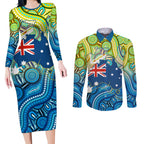 Australia National Swimming Team Couples Matching Long Sleeve Bodycon Dress and Long Sleeve Button Shirt Aboriginal Dot Art Ocean Wave Pattern