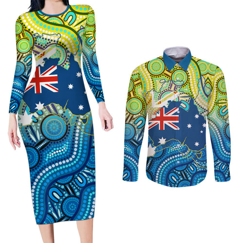 Australia National Swimming Team Couples Matching Long Sleeve Bodycon Dress and Long Sleeve Button Shirt Aboriginal Dot Art Ocean Wave Pattern