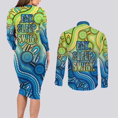 Australia National Swimming Team Couples Matching Long Sleeve Bodycon Dress and Long Sleeve Button Shirt Aboriginal Dot Art Ocean Wave Pattern