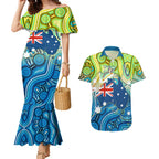 Australia National Swimming Team Couples Matching Mermaid Dress and Hawaiian Shirt Aboriginal Dot Art Ocean Wave Pattern