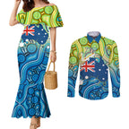 Australia National Swimming Team Couples Matching Mermaid Dress and Long Sleeve Button Shirt Aboriginal Dot Art Ocean Wave Pattern