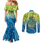 Australia National Swimming Team Couples Matching Mermaid Dress and Long Sleeve Button Shirt Aboriginal Dot Art Ocean Wave Pattern