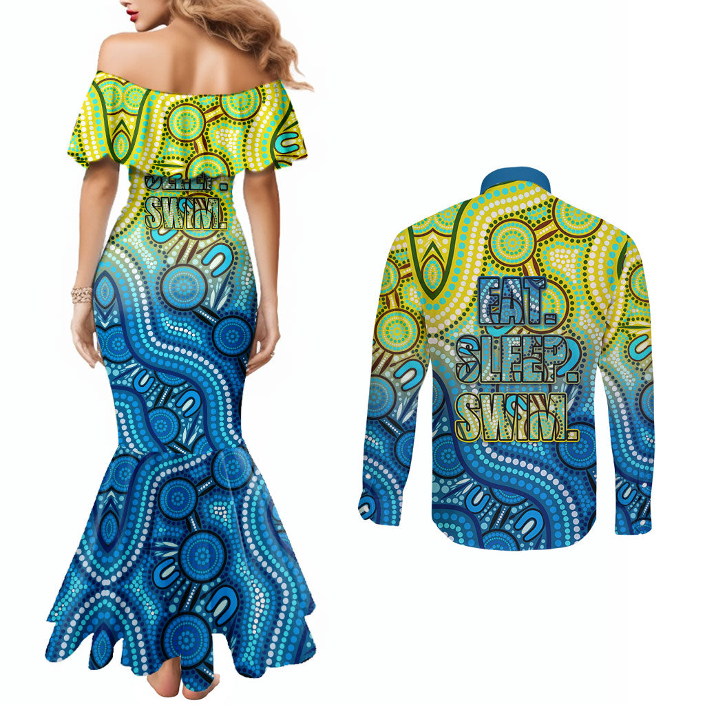 Australia National Swimming Team Couples Matching Mermaid Dress and Long Sleeve Button Shirt Aboriginal Dot Art Ocean Wave Pattern