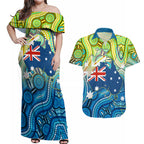 Australia National Swimming Team Couples Matching Off Shoulder Maxi Dress and Hawaiian Shirt Aboriginal Dot Art Ocean Wave Pattern