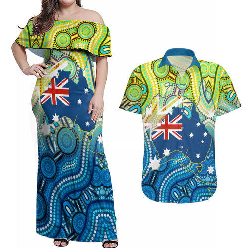 Australia National Swimming Team Couples Matching Off Shoulder Maxi Dress and Hawaiian Shirt Aboriginal Dot Art Ocean Wave Pattern