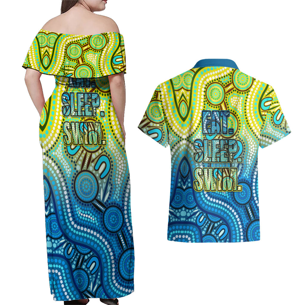 Australia National Swimming Team Couples Matching Off Shoulder Maxi Dress and Hawaiian Shirt Aboriginal Dot Art Ocean Wave Pattern