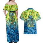 Australia National Swimming Team Couples Matching Off Shoulder Maxi Dress and Hawaiian Shirt Aboriginal Dot Art Ocean Wave Pattern