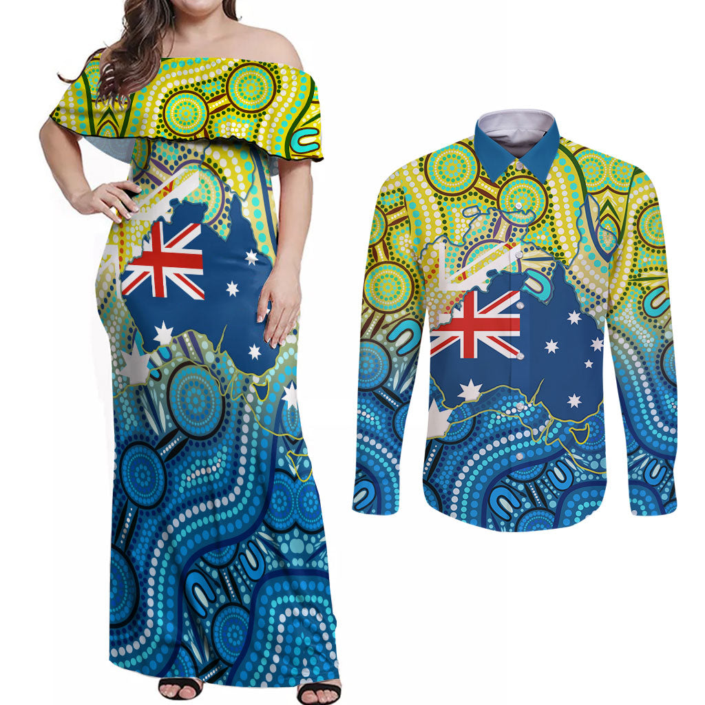 Australia National Swimming Team Couples Matching Off Shoulder Maxi Dress and Long Sleeve Button Shirt Aboriginal Dot Art Ocean Wave Pattern