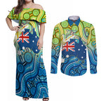 Australia National Swimming Team Couples Matching Off Shoulder Maxi Dress and Long Sleeve Button Shirt Aboriginal Dot Art Ocean Wave Pattern