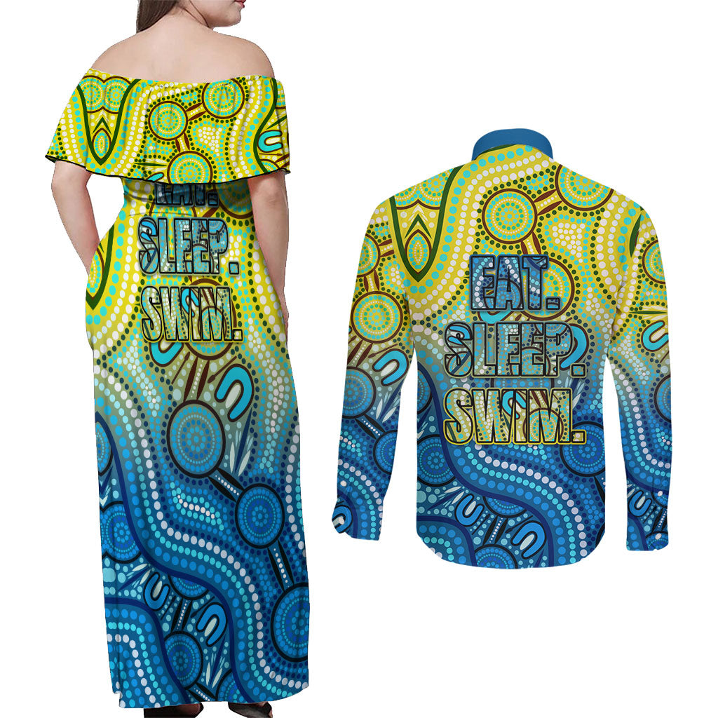 Australia National Swimming Team Couples Matching Off Shoulder Maxi Dress and Long Sleeve Button Shirt Aboriginal Dot Art Ocean Wave Pattern
