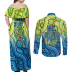 Australia National Swimming Team Couples Matching Off Shoulder Maxi Dress and Long Sleeve Button Shirt Aboriginal Dot Art Ocean Wave Pattern