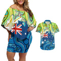 Australia National Swimming Team Couples Matching Off Shoulder Short Dress and Hawaiian Shirt Aboriginal Dot Art Ocean Wave Pattern