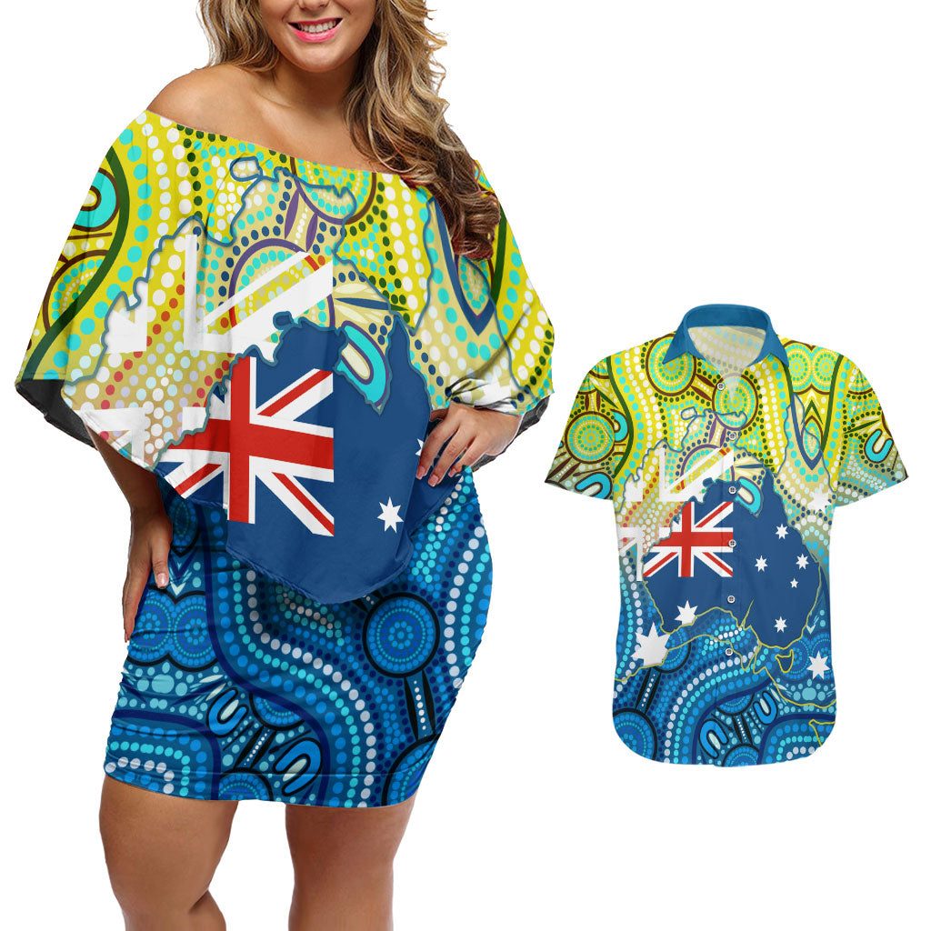 Australia National Swimming Team Couples Matching Off Shoulder Short Dress and Hawaiian Shirt Aboriginal Dot Art Ocean Wave Pattern