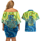 Australia National Swimming Team Couples Matching Off Shoulder Short Dress and Hawaiian Shirt Aboriginal Dot Art Ocean Wave Pattern
