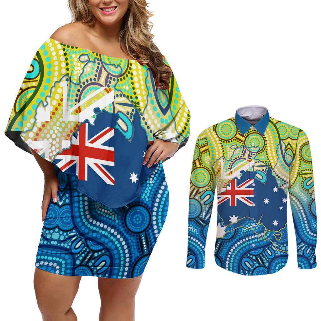 Australia National Swimming Team Couples Matching Off Shoulder Short Dress and Long Sleeve Button Shirt Aboriginal Dot Art Ocean Wave Pattern