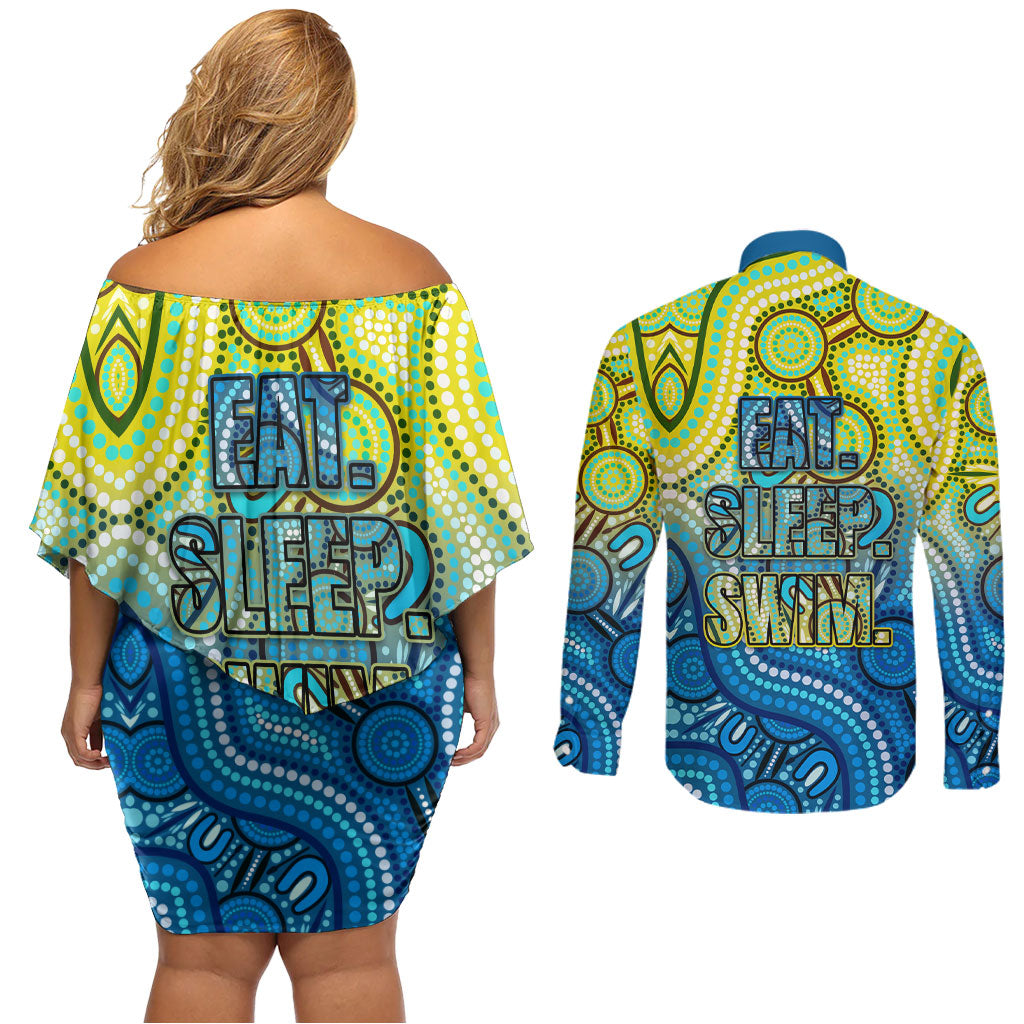 Australia National Swimming Team Couples Matching Off Shoulder Short Dress and Long Sleeve Button Shirt Aboriginal Dot Art Ocean Wave Pattern