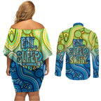 Australia National Swimming Team Couples Matching Off Shoulder Short Dress and Long Sleeve Button Shirt Aboriginal Dot Art Ocean Wave Pattern