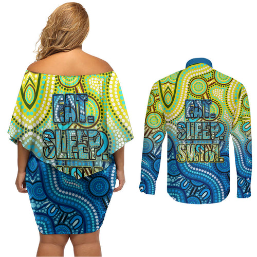 Australia National Swimming Team Couples Matching Off Shoulder Short Dress and Long Sleeve Button Shirt Aboriginal Dot Art Ocean Wave Pattern