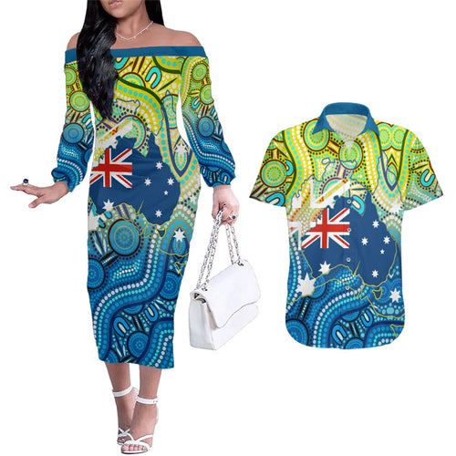 Australia National Swimming Team Couples Matching Off The Shoulder Long Sleeve Dress and Hawaiian Shirt Aboriginal Dot Art Ocean Wave Pattern