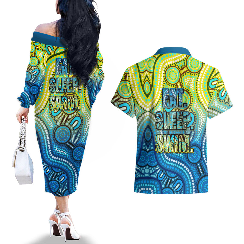 Australia National Swimming Team Couples Matching Off The Shoulder Long Sleeve Dress and Hawaiian Shirt Aboriginal Dot Art Ocean Wave Pattern