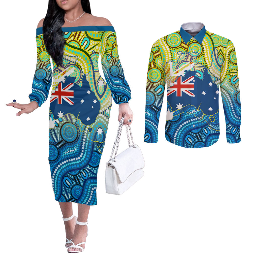 Australia National Swimming Team Couples Matching Off The Shoulder Long Sleeve Dress and Long Sleeve Button Shirt Aboriginal Dot Art Ocean Wave Pattern