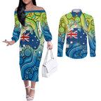Australia National Swimming Team Couples Matching Off The Shoulder Long Sleeve Dress and Long Sleeve Button Shirt Aboriginal Dot Art Ocean Wave Pattern